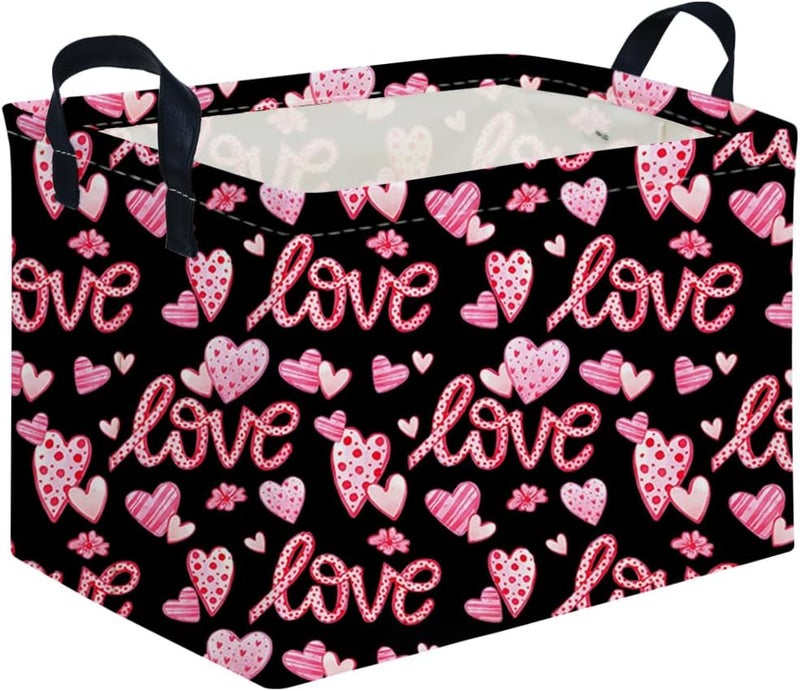 FXOCSHE Rectangular Black heart,Valentines Basket,baby Gift Basket Empty,Pink Gift baskets with Handle Organizer,Hearts Print easter Baskets,Girl Room Decor(Sweet love) - Image 1